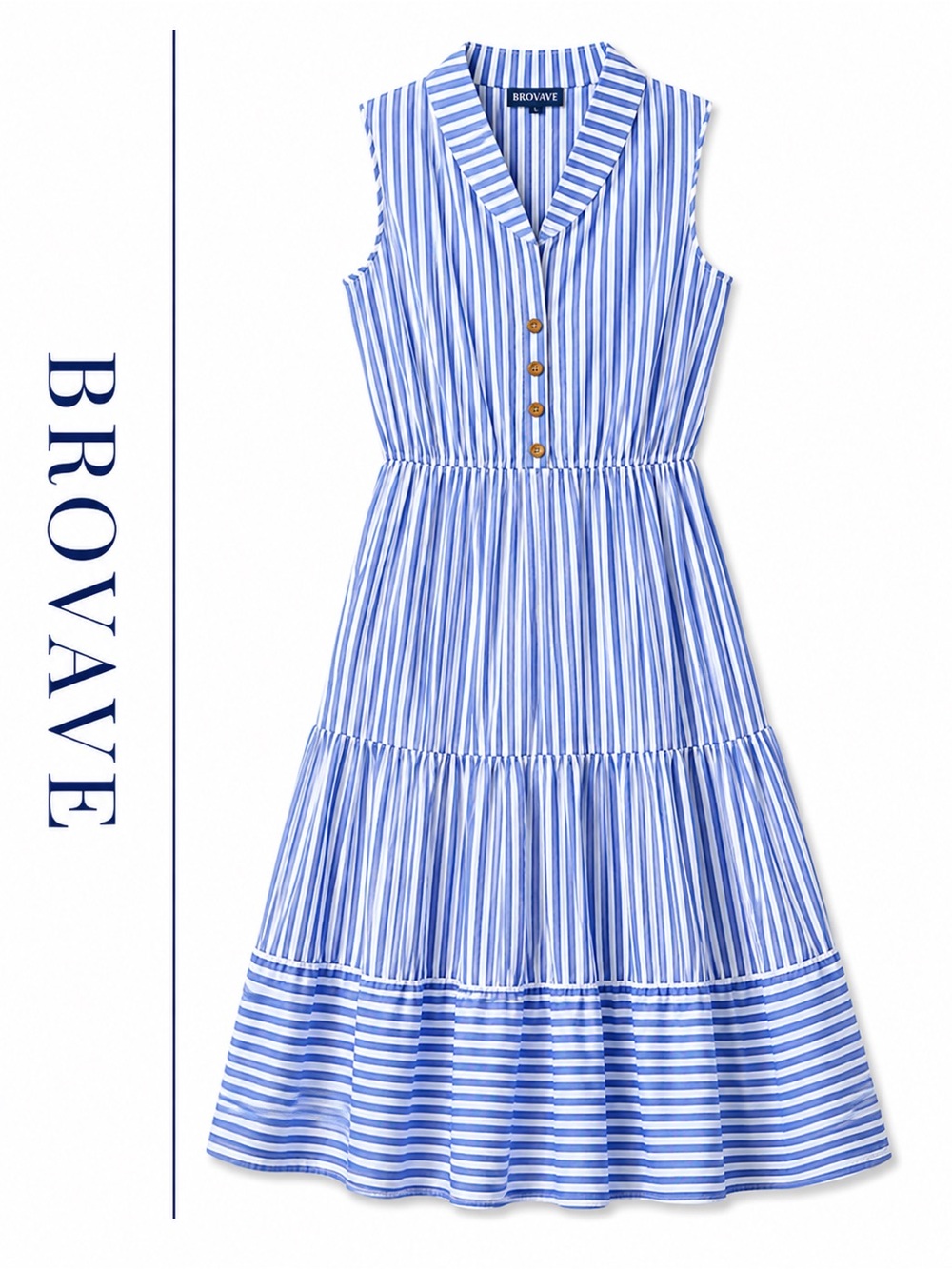 Brovave Blue White Stripe Midi Dress Tiered Sleeveless Cotton Size L